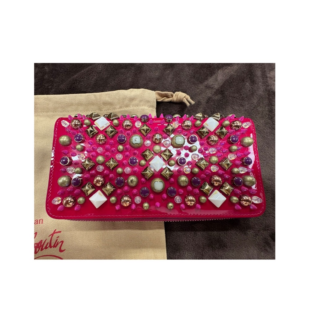 Christian Louboutin Dark Pink Studded Panettone Wallet with dust bag and box